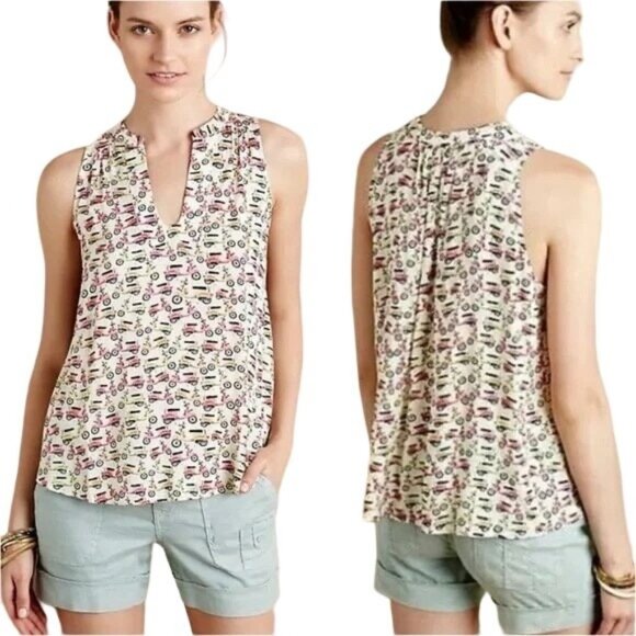 Anthropologie Maeve Multicolor Enna Vespa Scooter Sleeveless Tank Top Size 0 - Picture 1 of 5